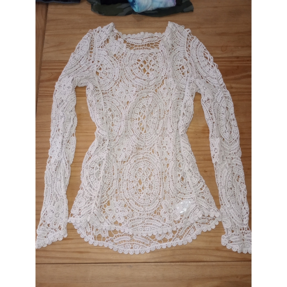 Lace Crochet Overlay Long Sleeve Top Layer Blouse